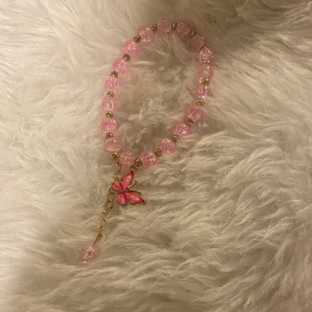 Pink Beaded handcrafted Bracelet with Butterfly Charm